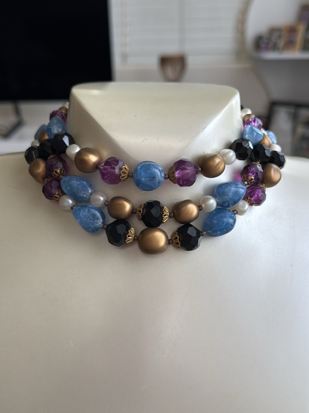 Vintage Germany Multistrand Beaded Statement Necklace Blue Purple Gold Accents